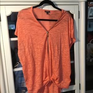 Orange knit pullover with gold zipper